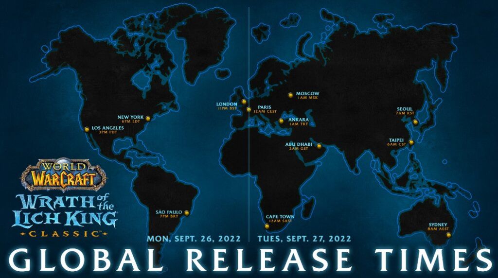 El mapa con la fecha de lanzamiento de Lich King en cada zona del mundo