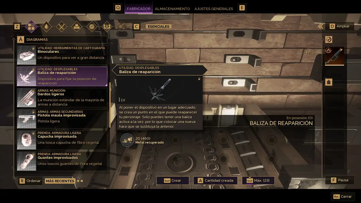 Cómo usar la baliza de reaparición en Dune Awakening 1 Materiales necesarios para craftear la baliza de reaparición en el fabricador en Dune Awakening