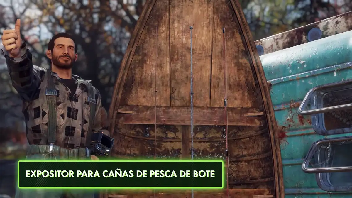 Fallout 76 recibe la actualización 'Fisión de pesca' con mecánicas de pesca y nueva temporada 1 Expositor para cañar de pescar de bote en Fallaout 76 actualización 21