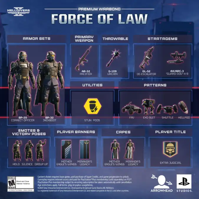 Helldivers 2 lanza Force of Law su nuevo Bono de Guerra con estética de policía futurista 3 Qué incluye el Bono de Guerra Force of Law de Helldivers 2