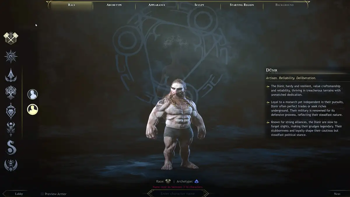 Creador de personaje de Ashes of Creation