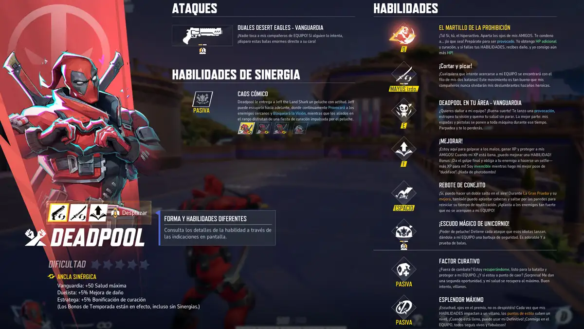Qué habilidades tiene Deadpool Vanguardia en Marvel Rivals