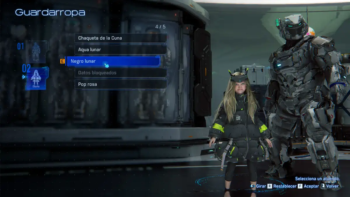 Cómo equipar atuendos para Hugh y Diana en Pragmata