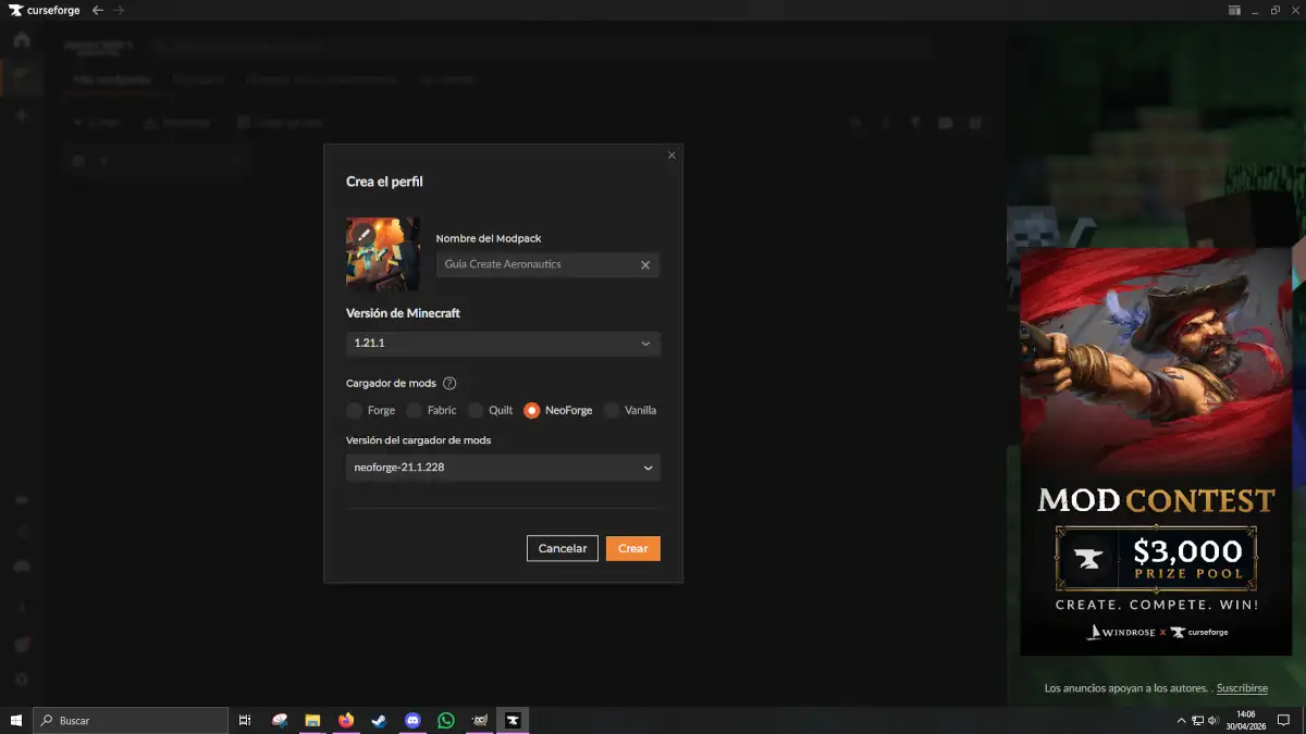 Guia instalacion Create Aeronautics Curseforge Configuracion perfil
