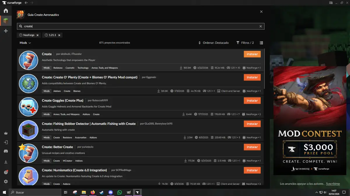 Guia instalacion Create Aeronautics Curseforge Instalar mods perfil