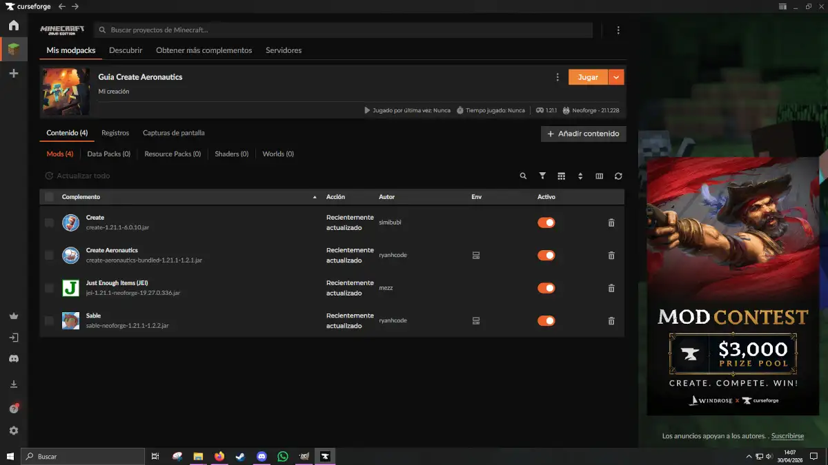 Guia instalacion Create Aeronautics Curseforge Resultado perfil