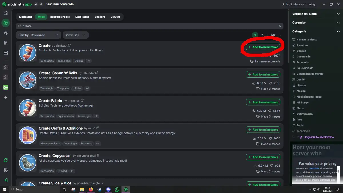Guia instalacion Create Aeronautics Modrinth Agregar mods a Instancia