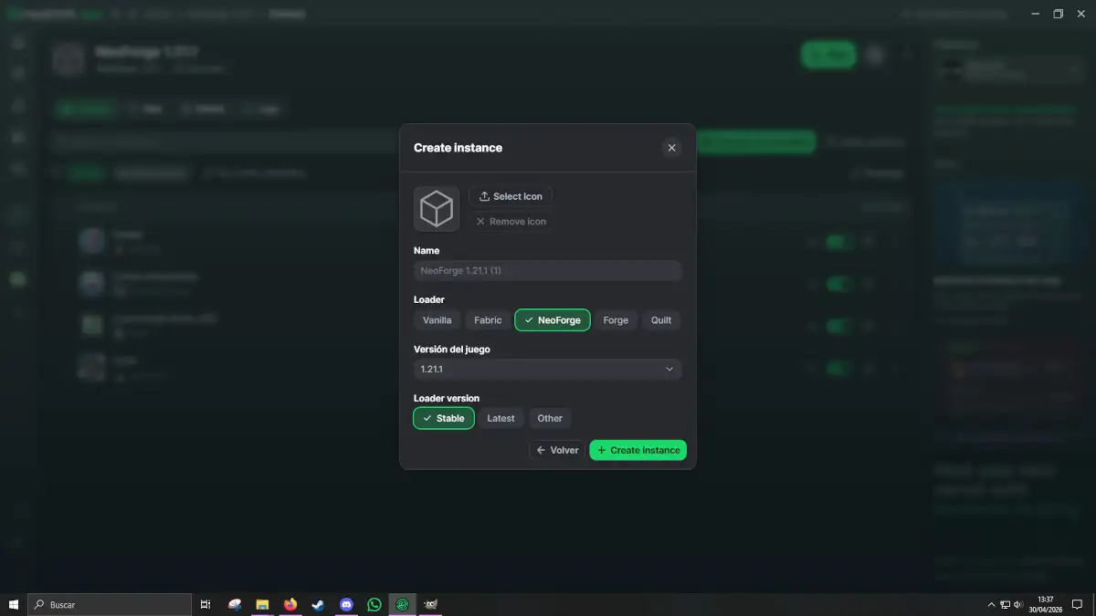 Guia instalacion Create Aeronautics Modrinth Configuracion instancia