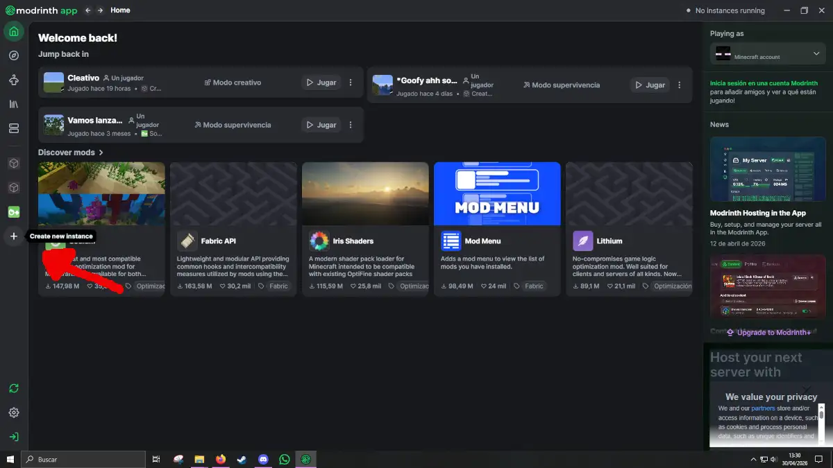 Guia instalacion Create Aeronautics Modrinth Crear instancia