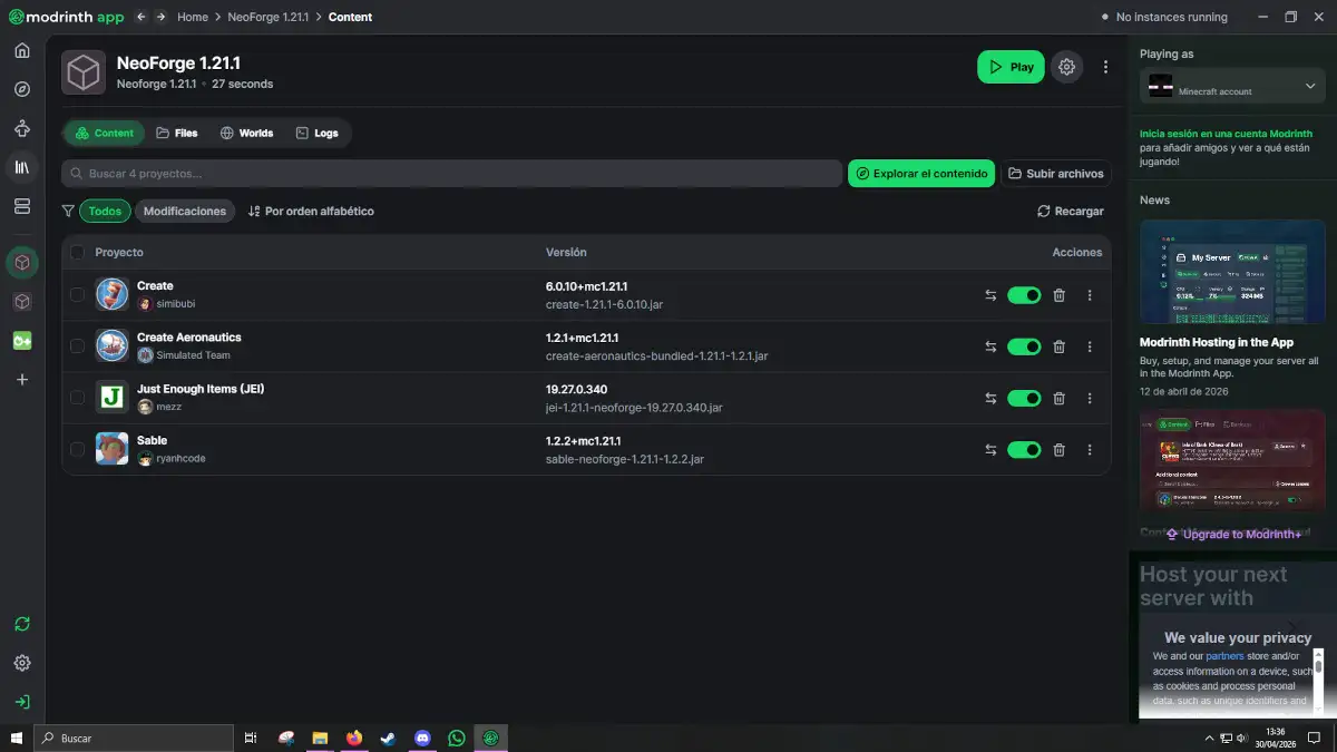 Guia instalacion Create Aeronautics Modrinth Resultado instancia