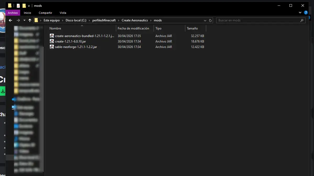 Guia instalacion Create Aeronautics manual carpeta mods