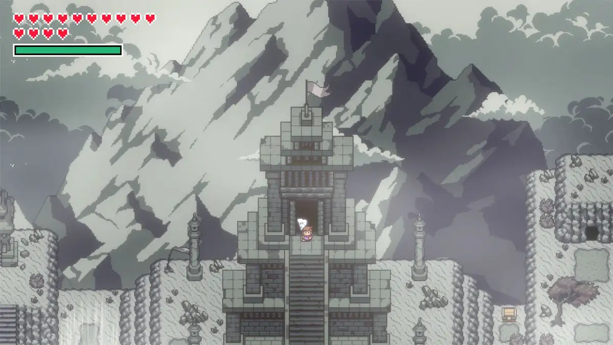 Exploración del mapa de Ellementalis inspirado en el estilo visual de los Zelda clásicos.