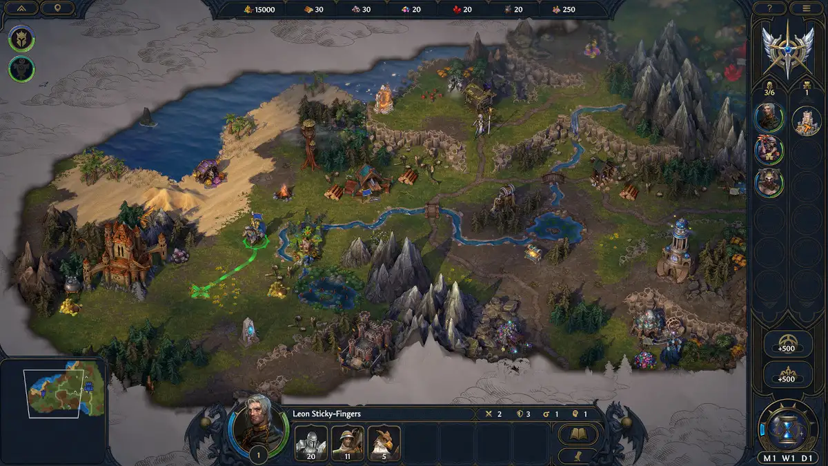 El mapa del mundo de Heroes of Might and Magic: Olden Era, comandando un héroe