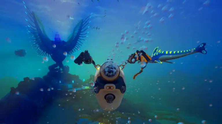 Subnautica 2: Todo el contenido y novedades confirmadas para su Early Access. Dos buceadores de Subnautica 2 explorando el nuevo planeta cooperativo junto a un vehículo Tadpole y una estatua alienígena.